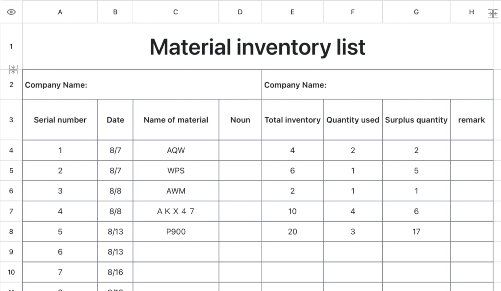 Material inventory list
